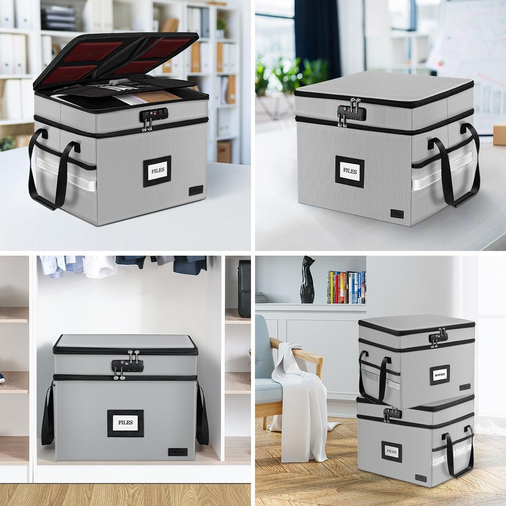 Fireproof Document Box with Lock, 2-Layer File Box Storage Organizer with 5 T...