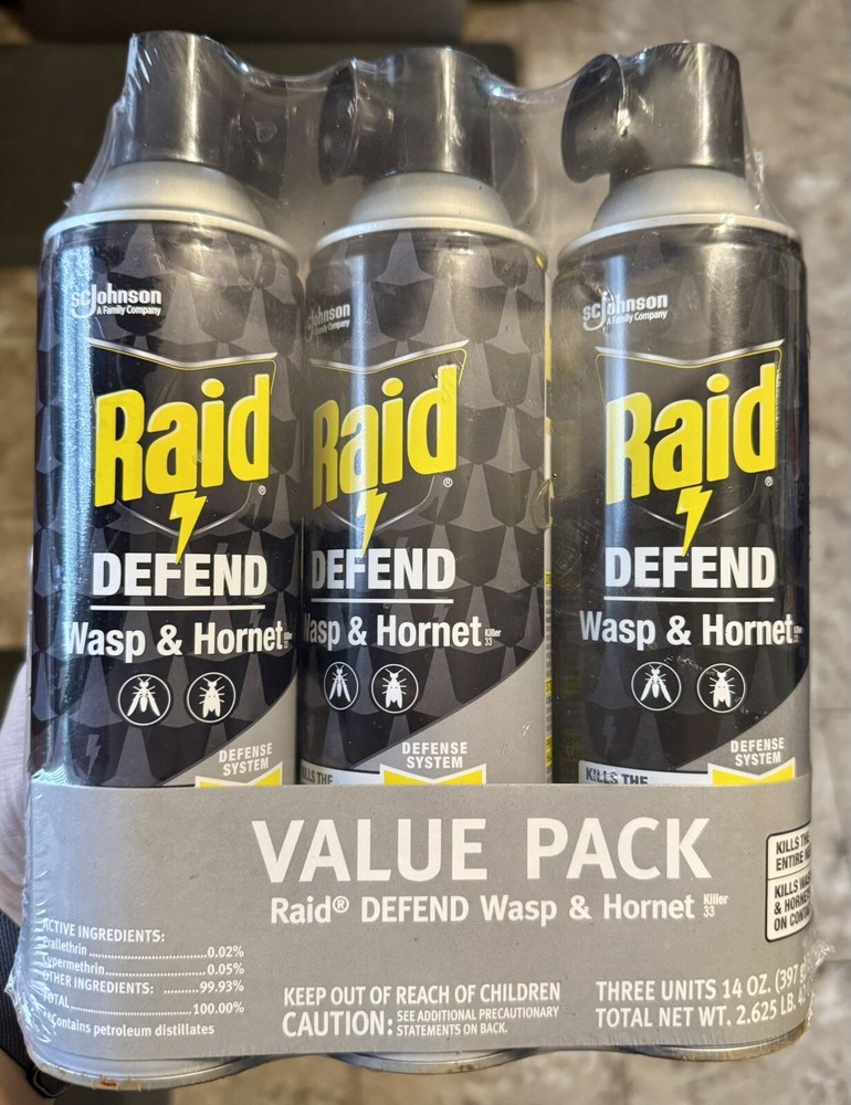 3 Raid Defend Wasp Hornet Yellow Jacket Spray Cans 14oz. Value Pack