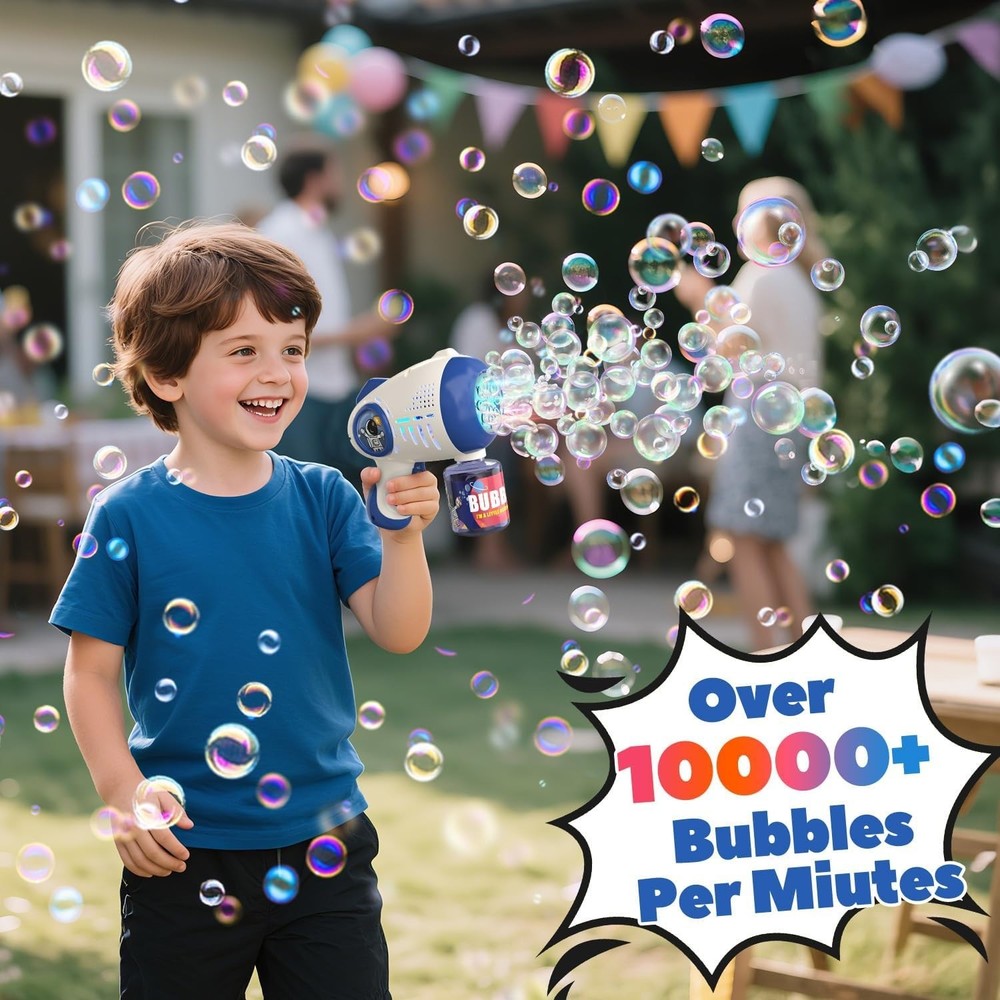 Bubble Machine Blasters for Kids - 2 Pack with LED Lights & 4 Bubble Bottles