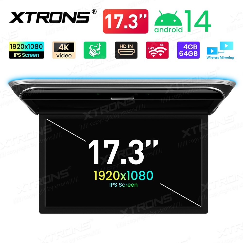 17.3" Car Ceiling Mount TV Android 14 Flip Down Screen 4K Octa Core HDMI WiFi