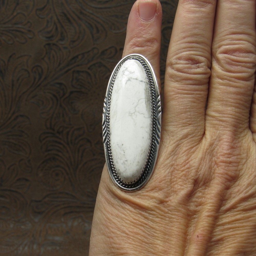 Sterling Silver Long Oval Howlite Ring Size 5.75+