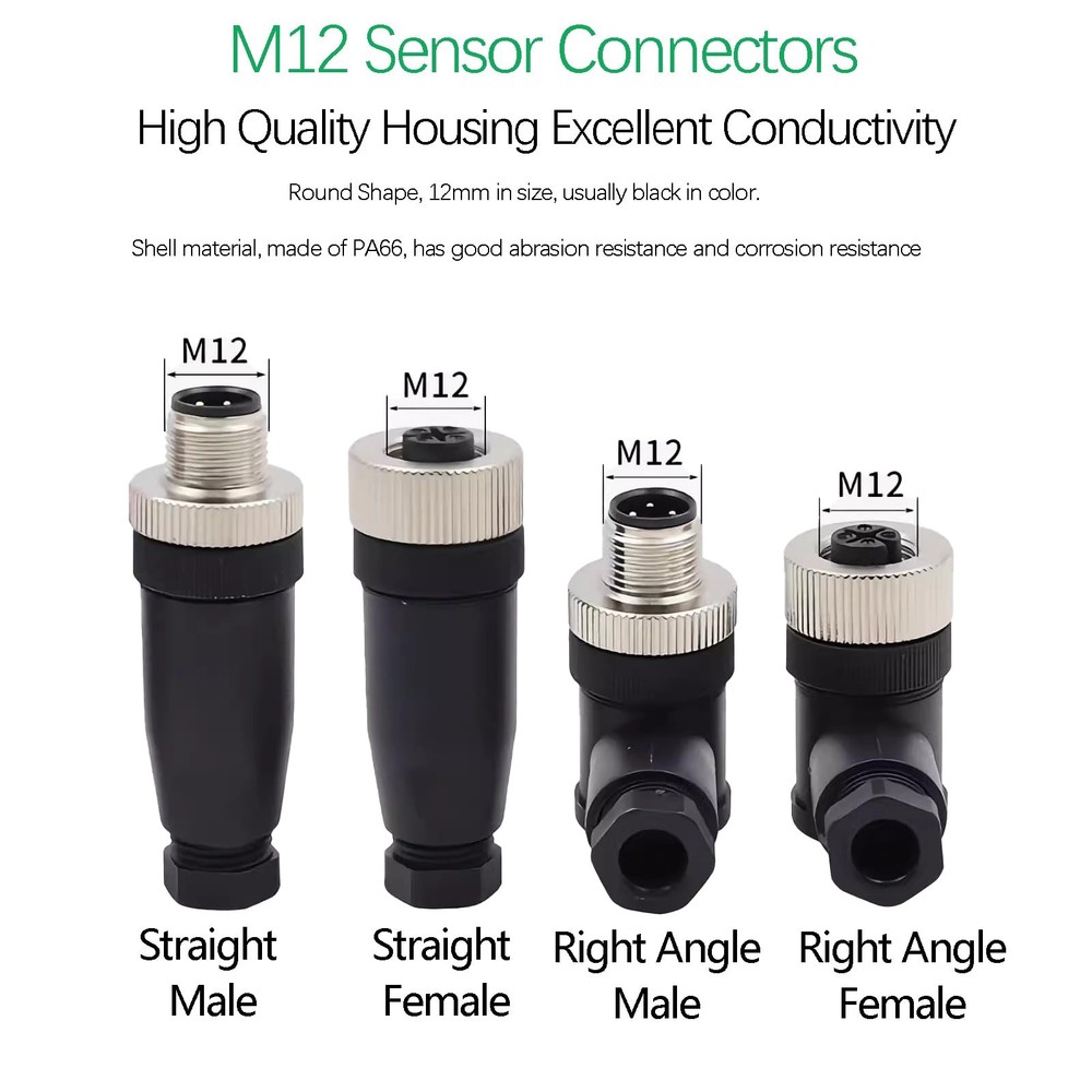 M12 4-Pin Cable Connector 5 Pack 90 Degree Female Screw-Joint A Code