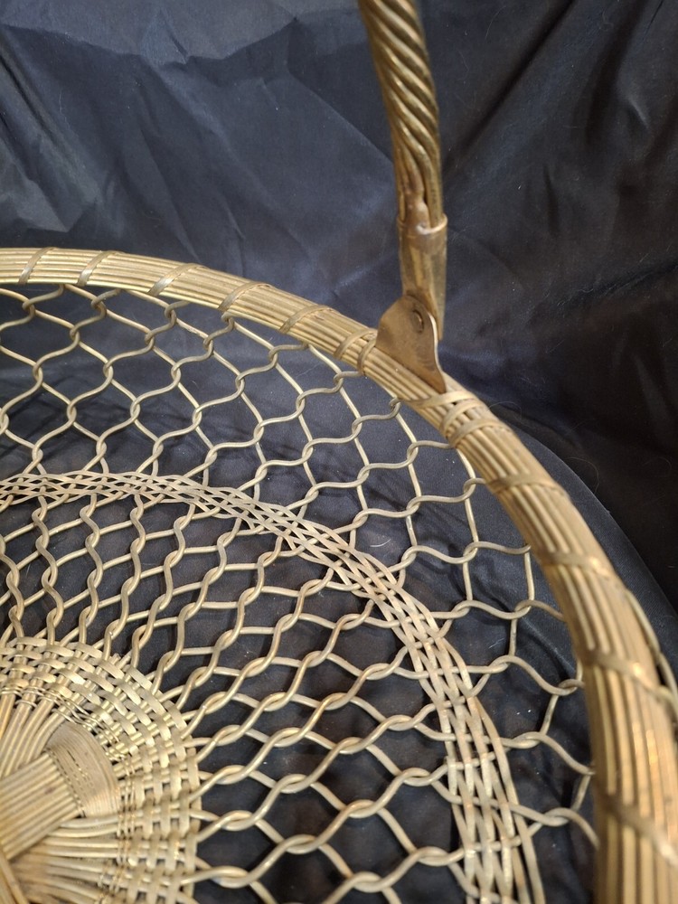 Vintage Gatco Woven Solid Brass Fishnet Wire Basket w/ Handle 14”
