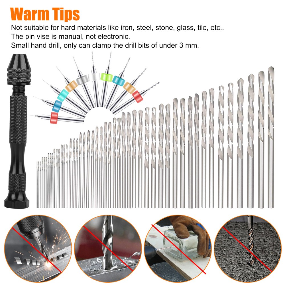 60Pcs Mini Micro Hand Drill Bits Set Small Manual Keyless Chuck Pin Vise Rotary