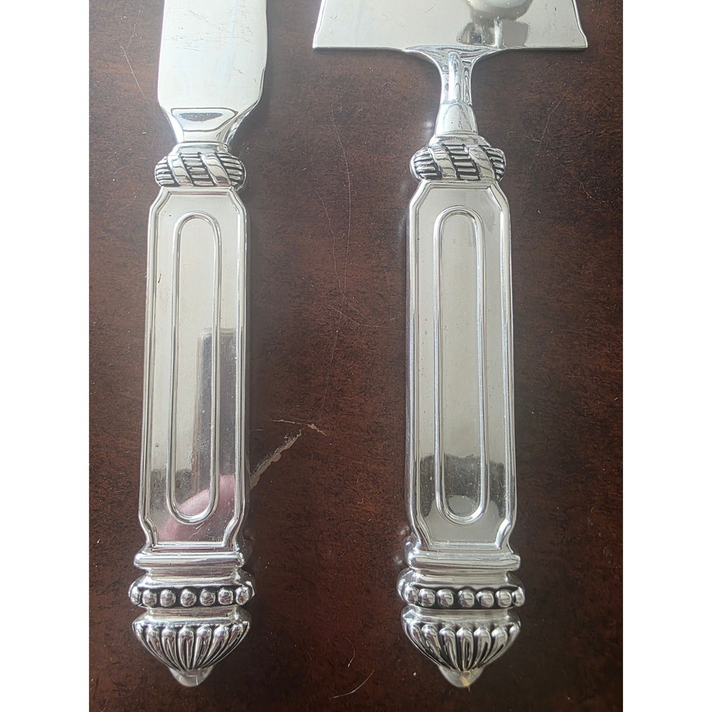 Silver Plated Cake Knife and Server Set Ornate Beaded Handle Wedding Serving 2pc