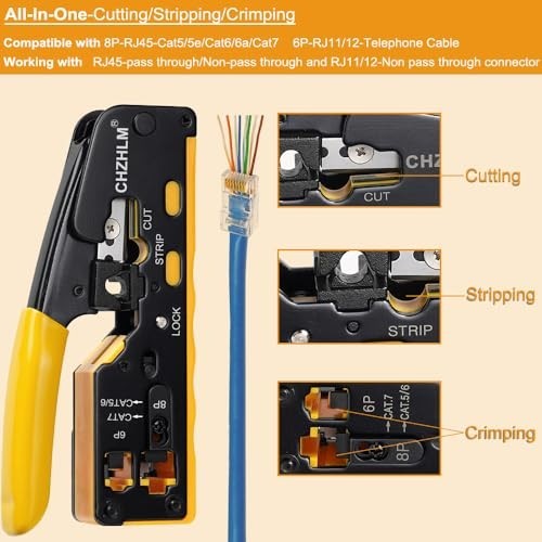 Ethernet Crimping Tool Kit - RJ45 Pass-Through Crimper, Cable Tester, Stripper,