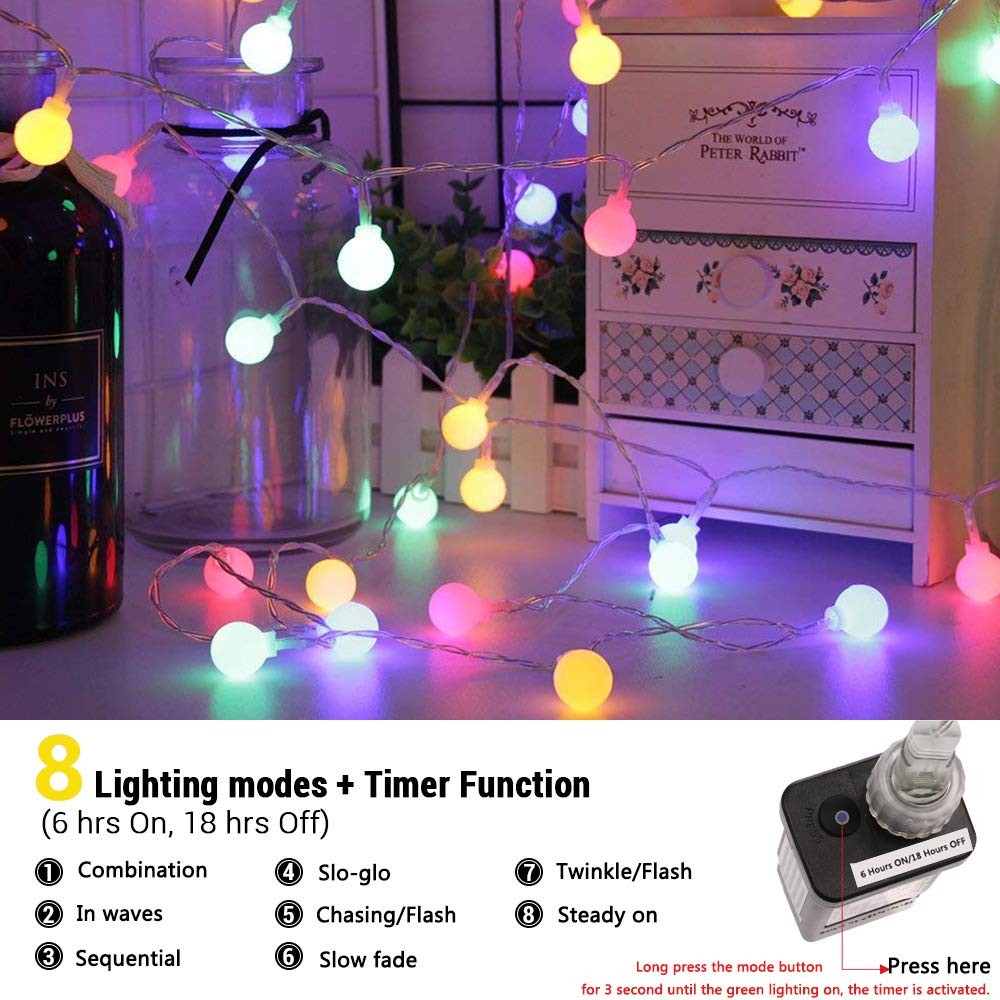 LED Globe String Lights 100 LED Indoor String Lights 8 Lighting Colorful 33ft