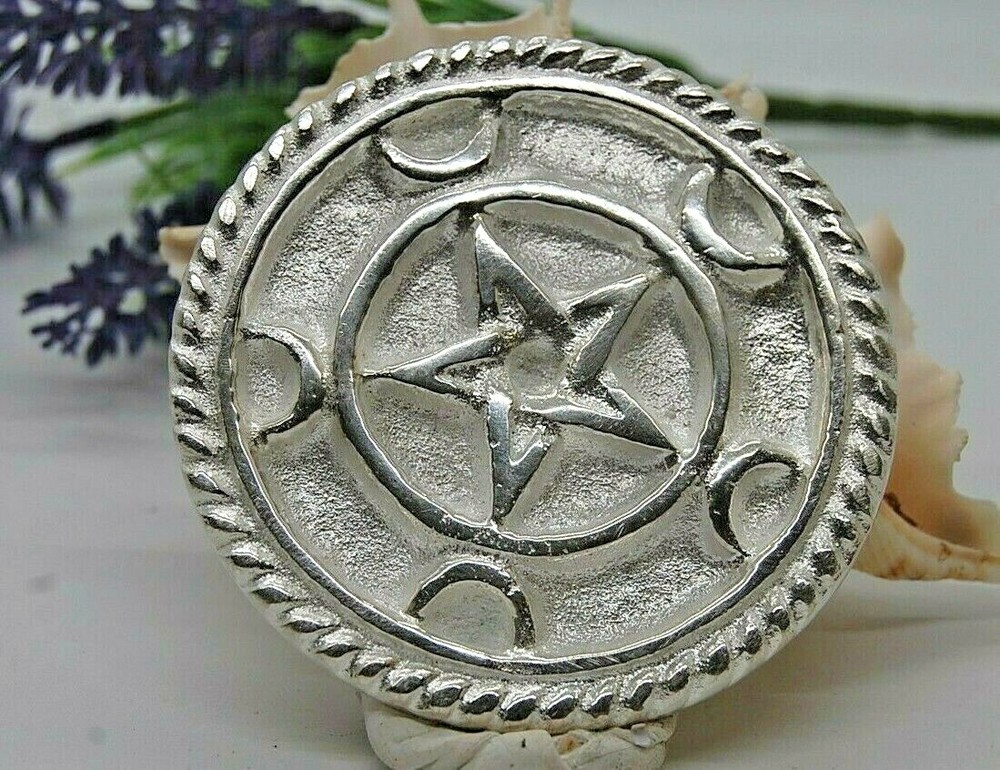 Pentagram Crescent Moon Altar Tile Silver Plated - Solid Brass 3" Wicca. Witch