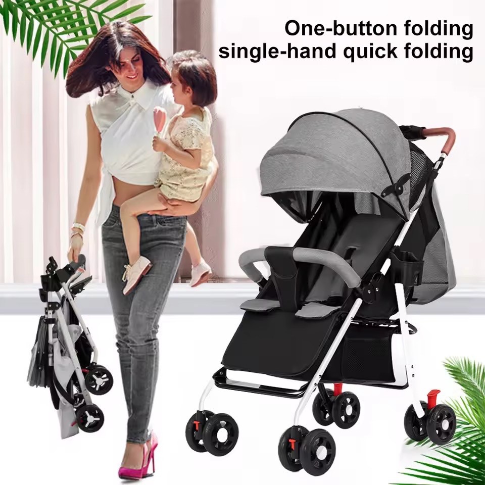 Lightweight Foldable Baby Stroller – Reclining Backrest, Steel Frame