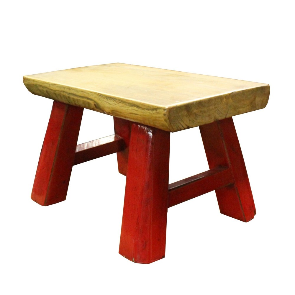 Raw Wood Top Finish Rede Legs Rectangular Short Stool Table cs5615