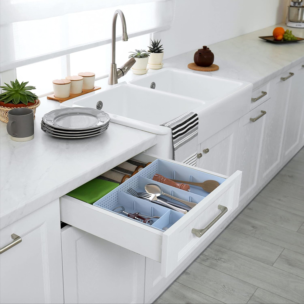 Blue Drawer Organizer Tray - 9 Adjustable Compartments for Home Storage