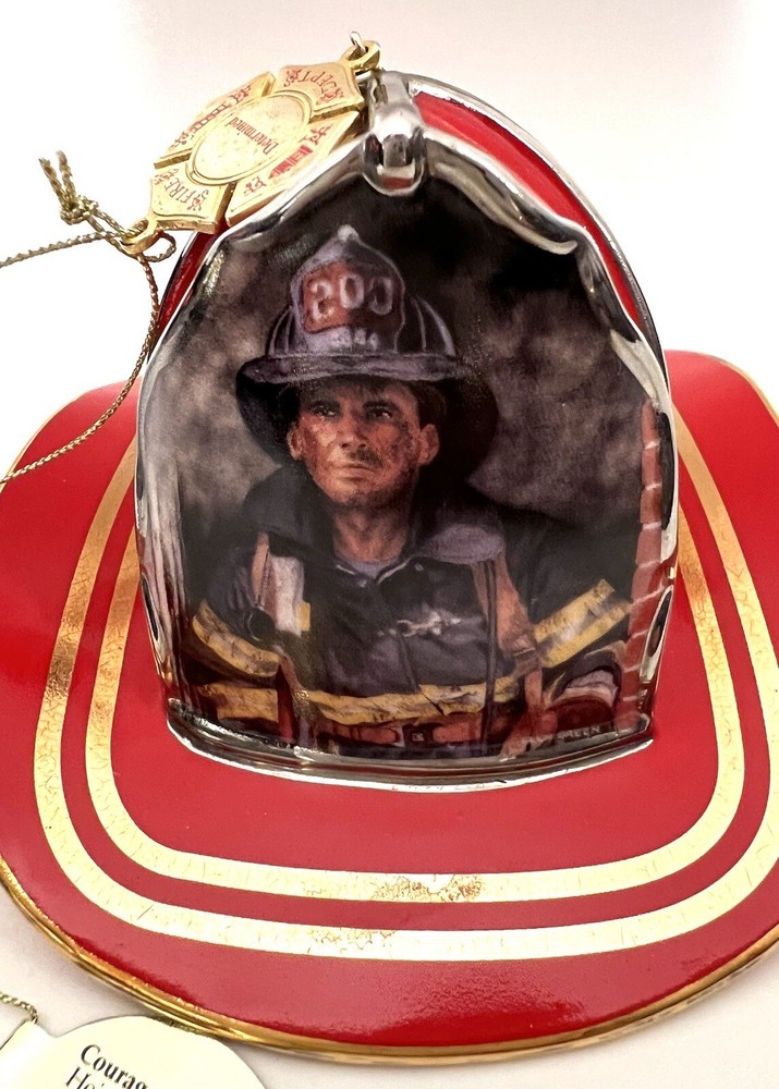 3 Red Bradford Exchange Courage Under Fire Fireman Helmet Ornaments 2002 EUC
