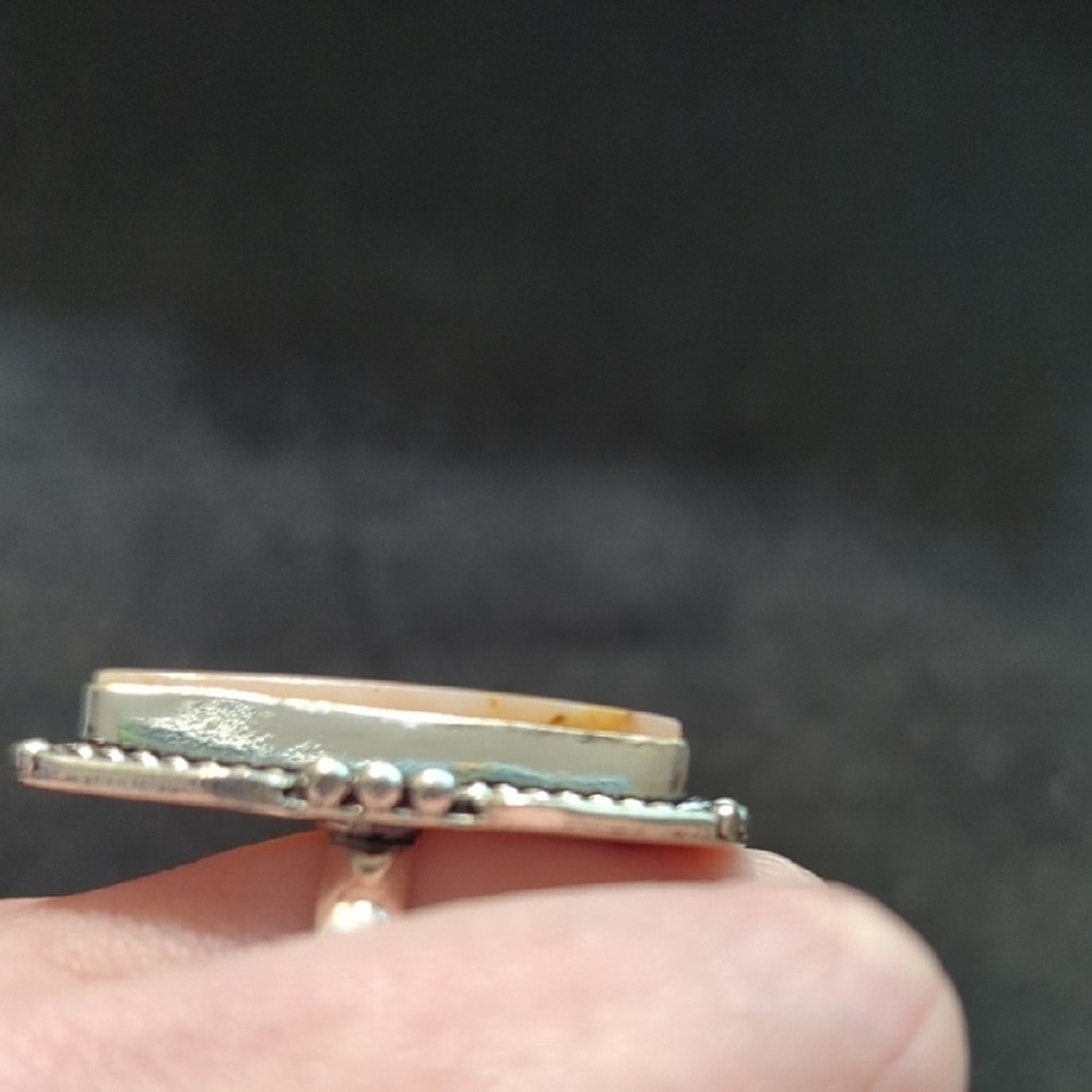 Silver Plated Pink Peach Cobra Jasper Gemstone Rectangular Statement Ring - 9.5
