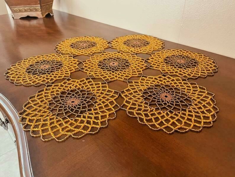 BROWN & ORANGE Handmade Crochet Beaded Doily 21”