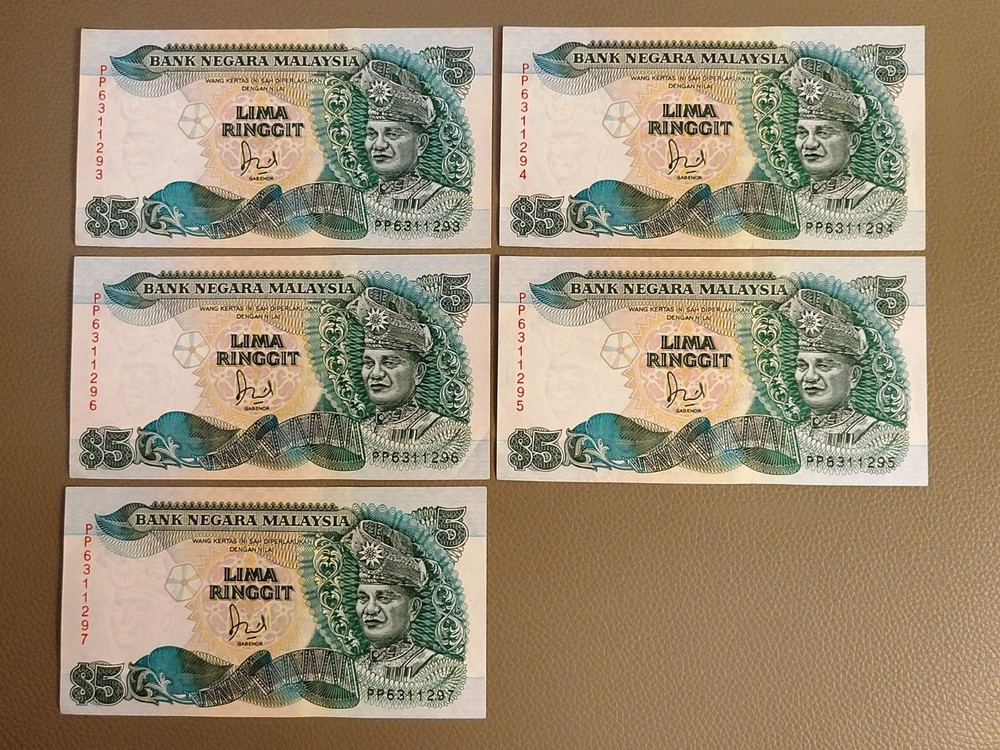1991 Malaysia 5 Ringgit Banknote, UNC, 5 pcs., in consecutive serial numbers