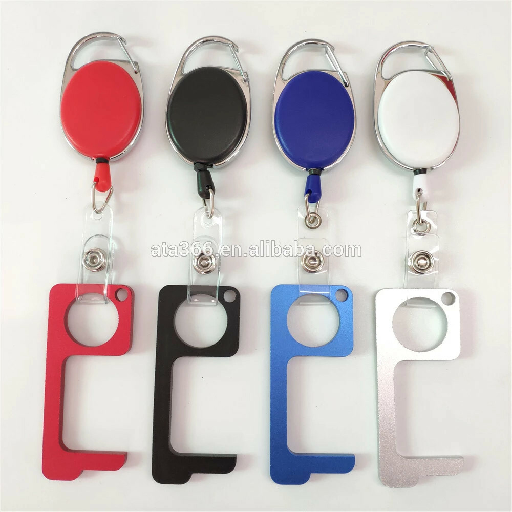 Contactless Brass Door Opener W/ Retractable Pull Reel Stepnpull Keychain BLACK