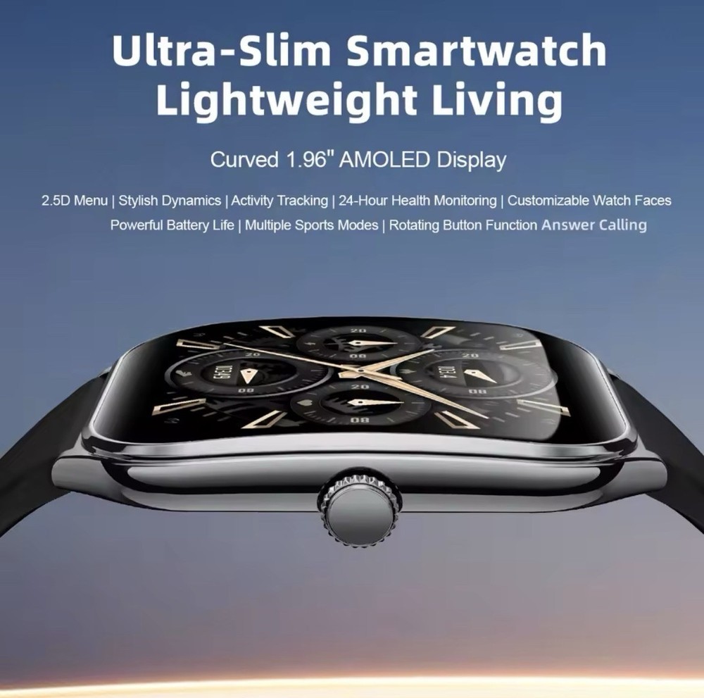 Ultra Thin Smartwatch AMOLED Display IP67 Water Resistant Activity Tracking Bla…