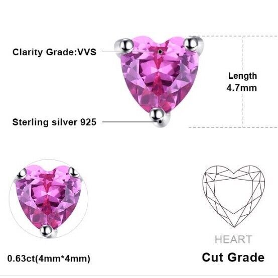 Tiny Lab Grown Pink Sapphire Heart Stud Earrings Solid Sterling Silver 925