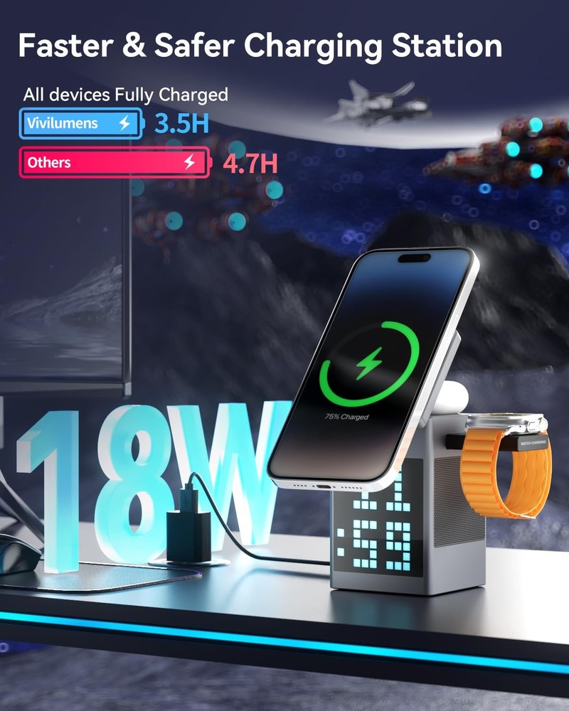 Vivilumens 3-in-1 Wireless Charging Station with Bluetooth Speaker, Grey