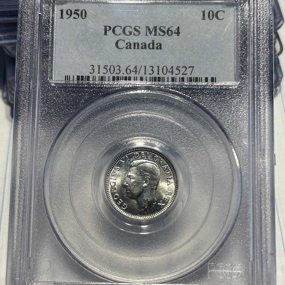 CANADA 1950 10 Cents, 80% SILVER, PCGS MS64 Free Ship