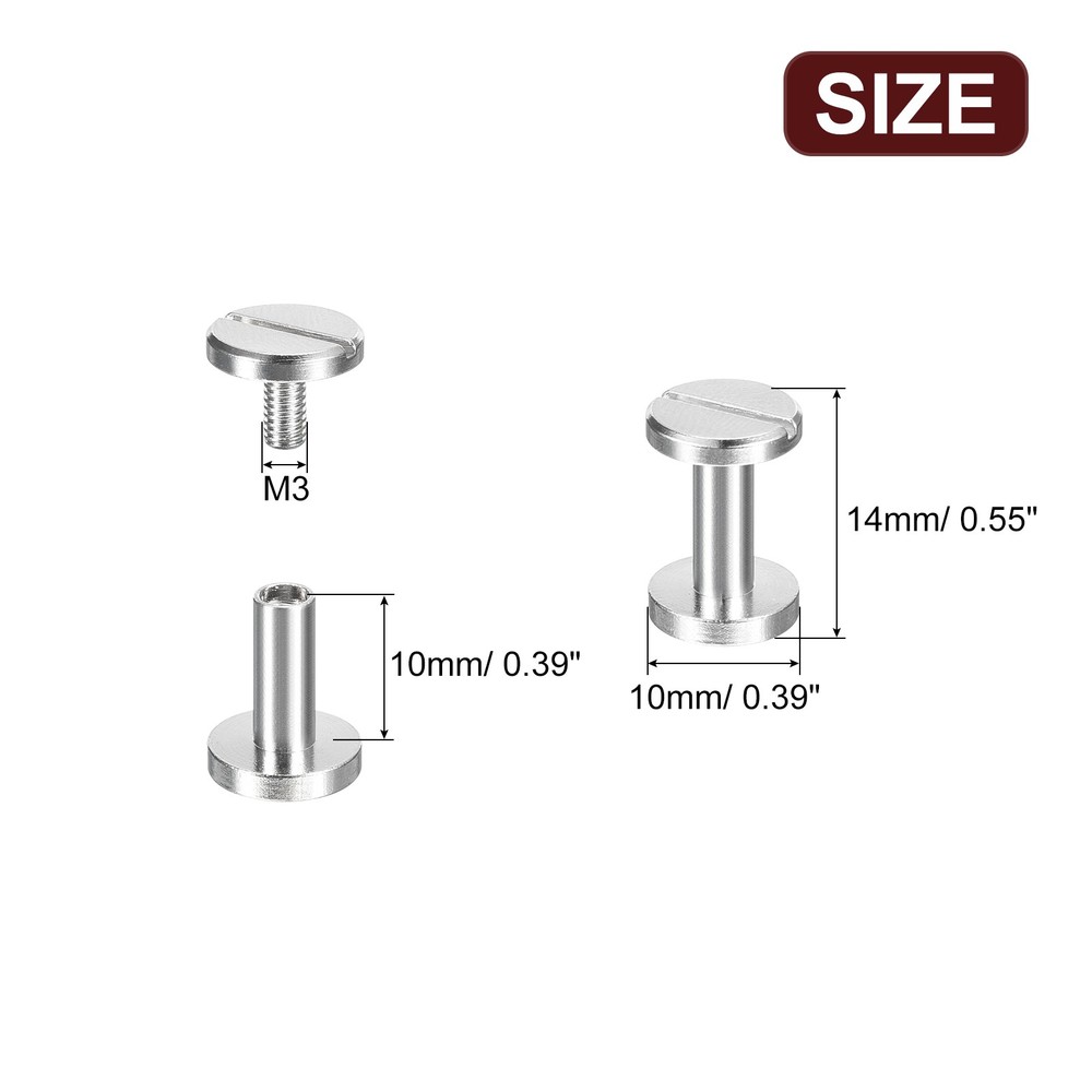 25Pack Brass Chicago Screws, 10x10mm Post Nail Stud Rivets, Silver