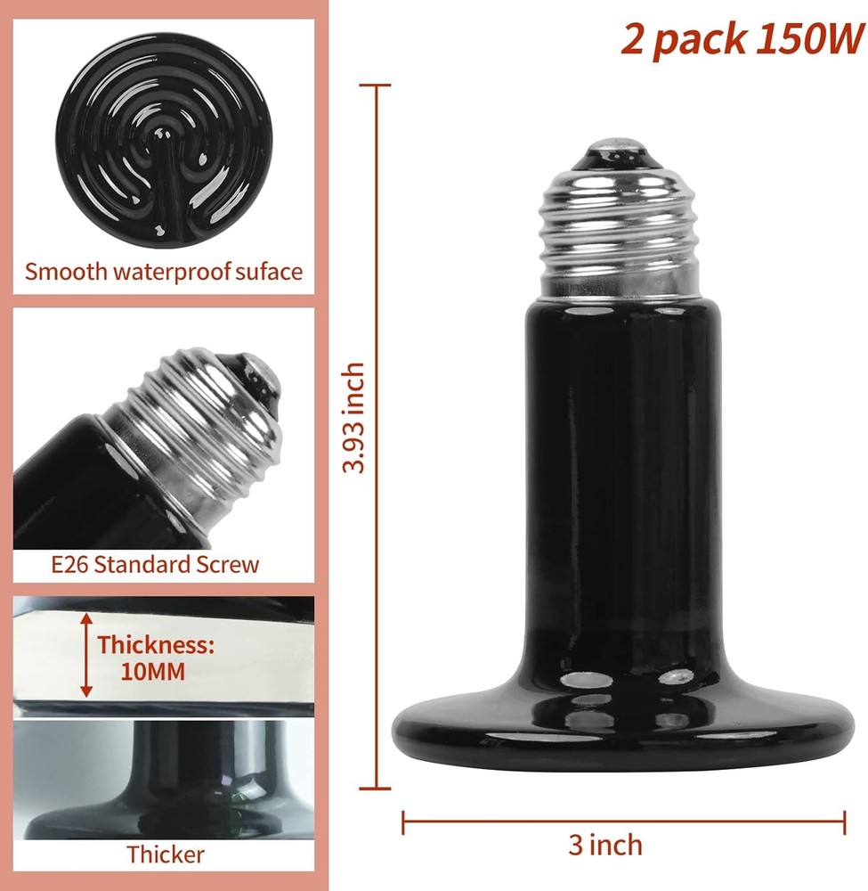 150W Ceramic Heat Emitter (2 Pack), Reptile 2Pack, Black