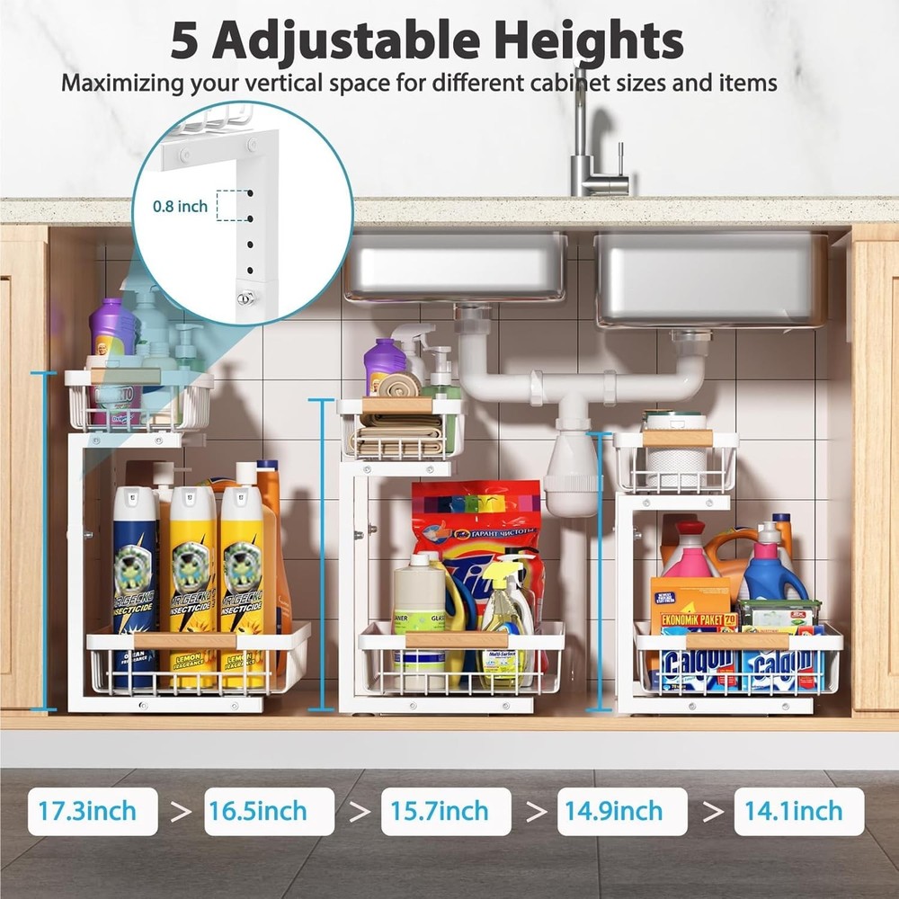 Under Sink Organizer 2 Pack 2 Tier Slide Out Large Capacity Height Adjustable
