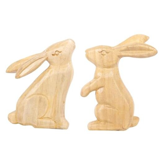 Easter Bunny Decorations, 2PCS Wooden Rustic Handcrafted Rabbit Natural