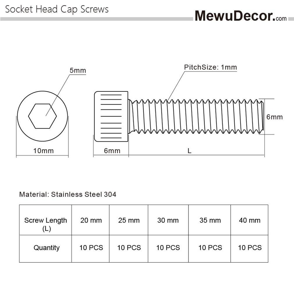 50 PCS Socket Head Cap Screw Assortment Set, 20mm to 40mm, Silver