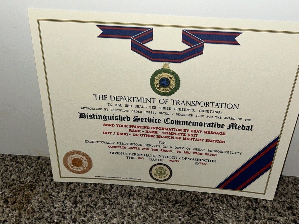D.O.T. DISTINGUISHED SERVICE MEDAL COMMEMORATIVE CERTIFICATE ~ TYPE-2 w/PRINTING