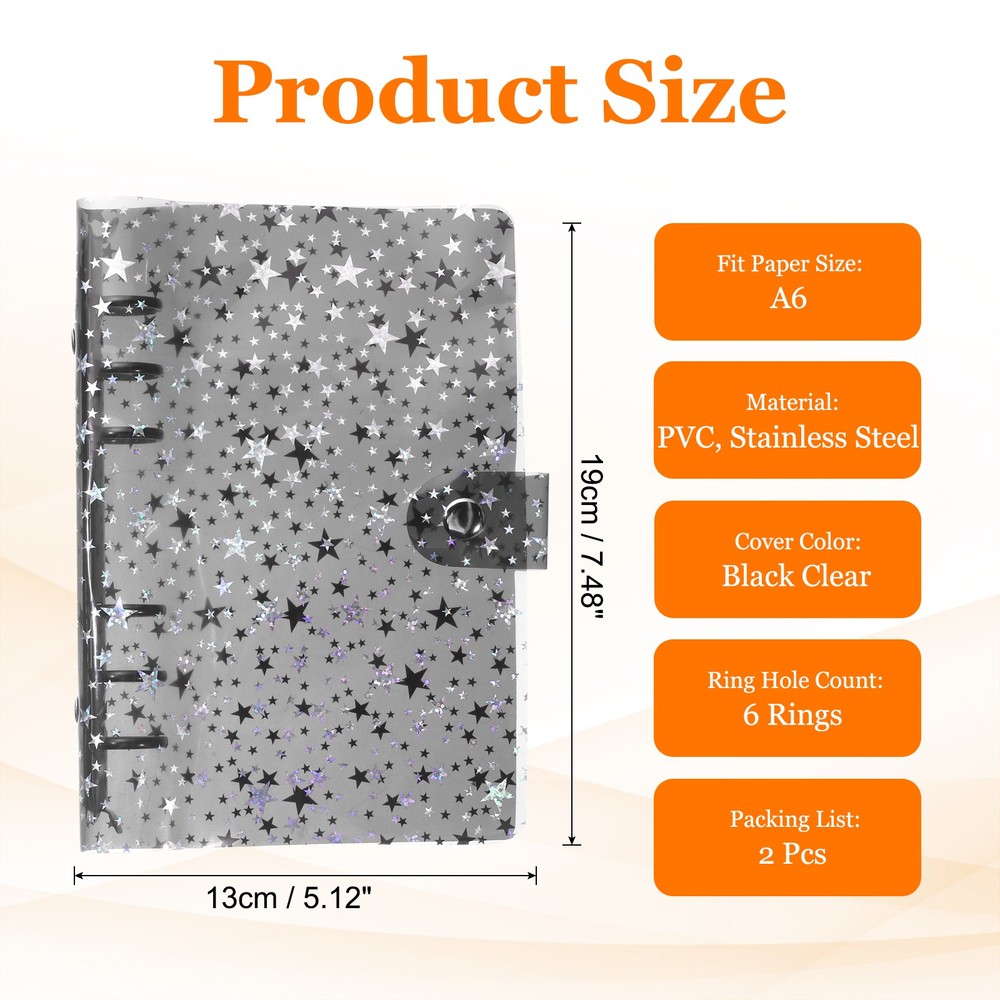A6 Binder Cover, 2 Pcs Stars Refillable Notebook Shell with Snap Button, Black
