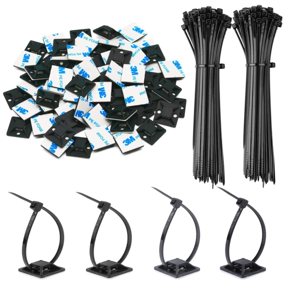 Cable Tie Base Holders Kit - 50 Pack Adhesive Mounts