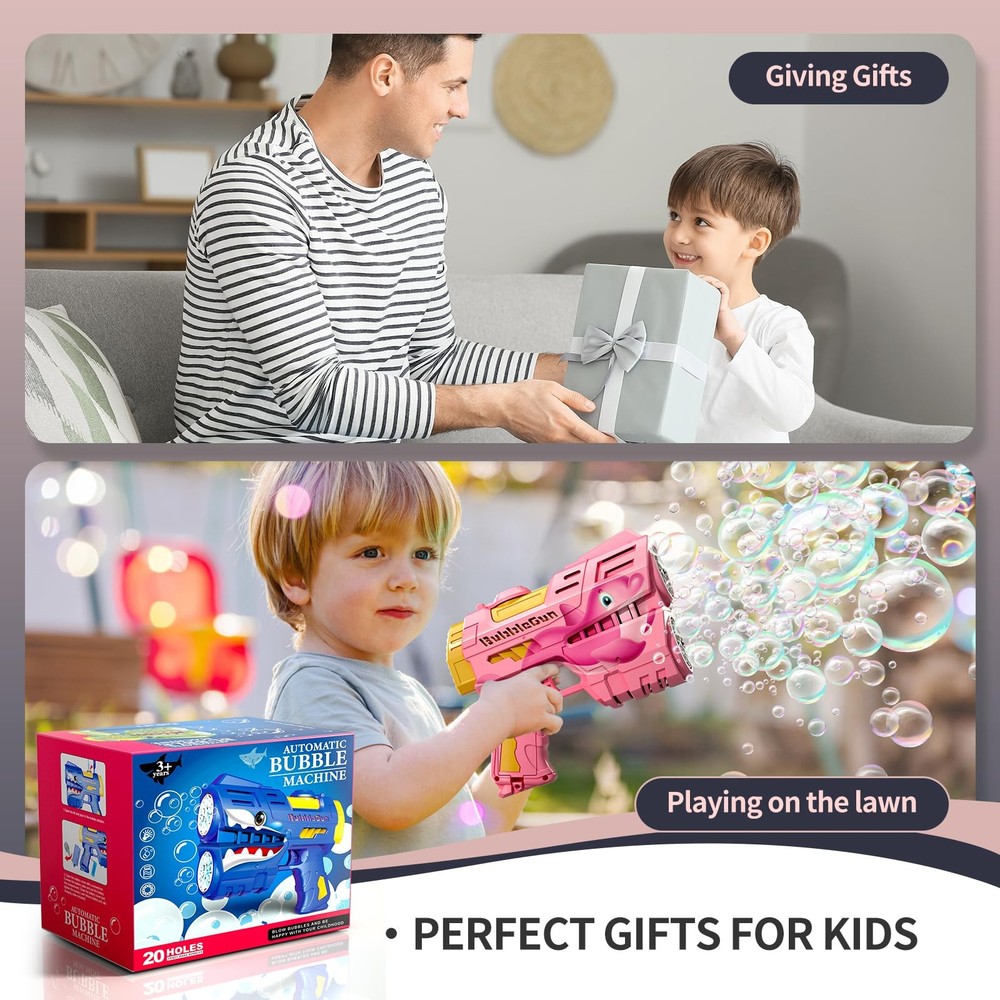 2 Pack Rechargeable Dino Bubble Guns for Kids, LED Light Up Bubbles Machine B...