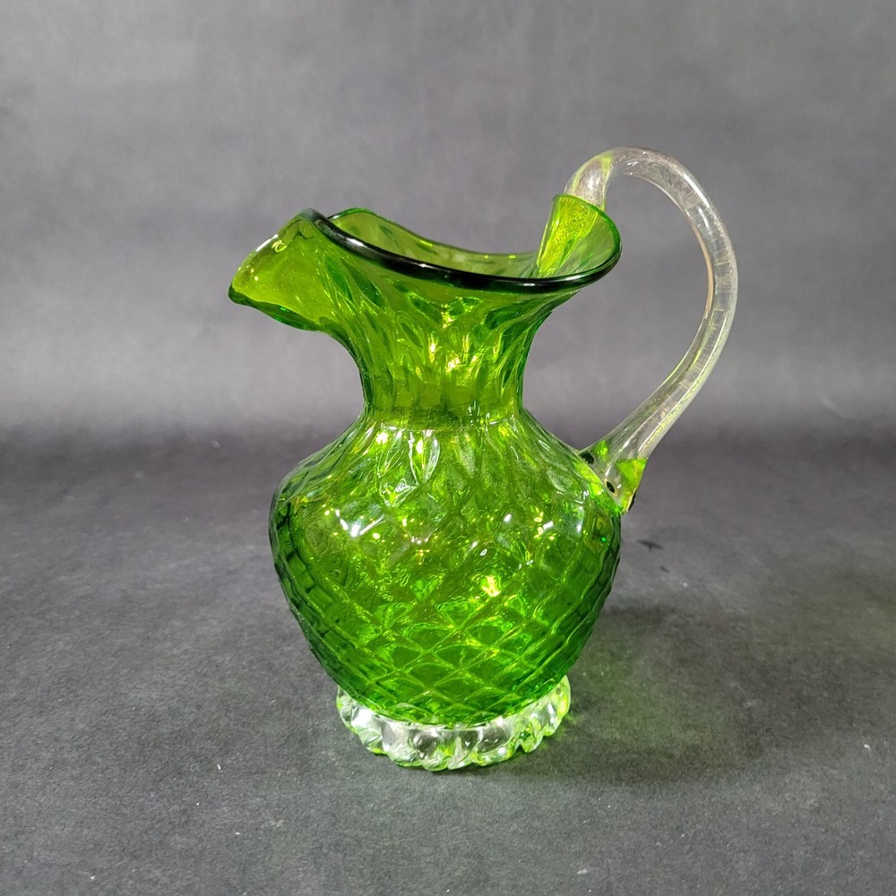 Hand Blown Glass Pitcher Inverted Diamond Optic Applied Handle and Base 5" Tall