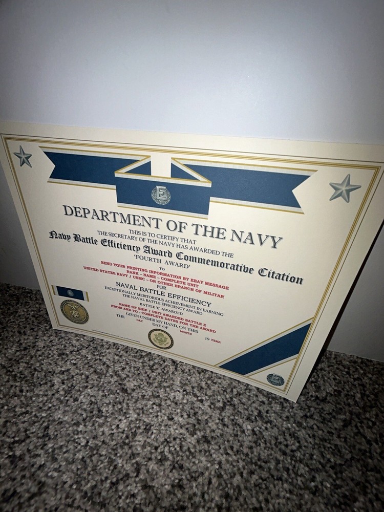 NAVY BATTLE E CITATION~4TH AWARD COMMEMORATIVE CERTIFICATE ~ TYPE-2 / W/PRINTING