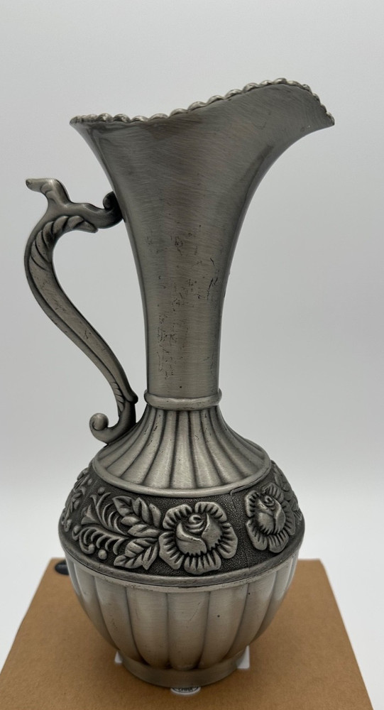 Vintage Silver Colored Intricate Design Pitcher 9" Tall