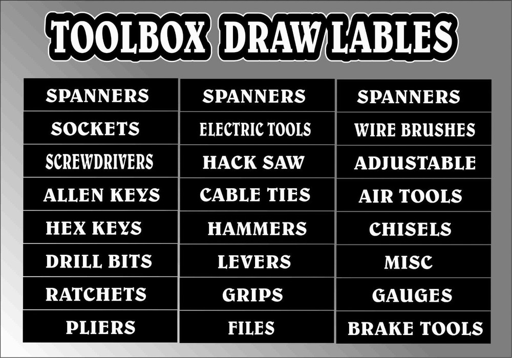 TOOLBOX  Drawer LABEL stickers decals ORGANISER Black