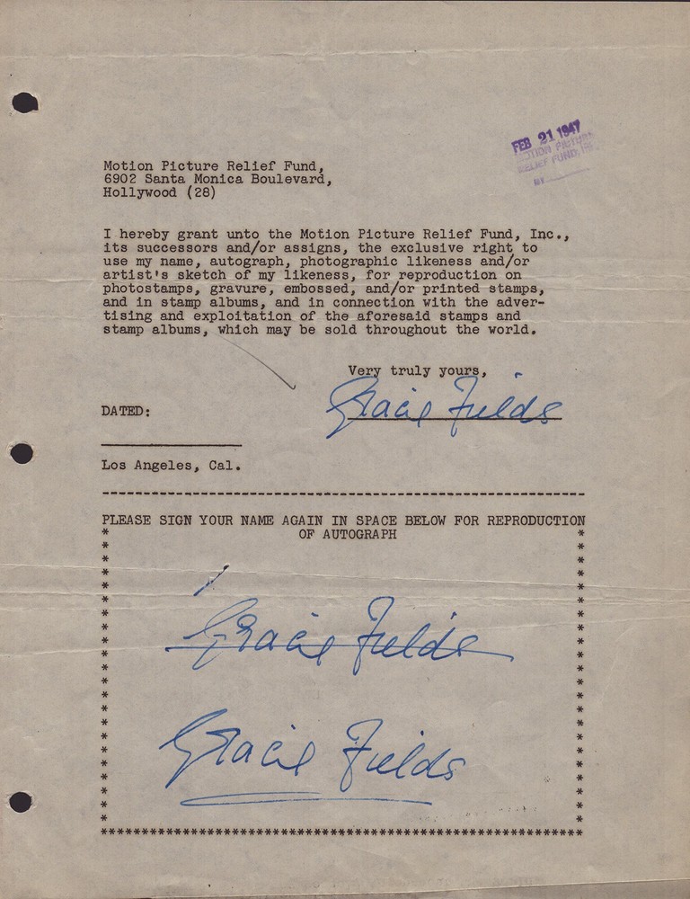 GRACIE FIELDS - DOCUMENT MULTI-SIGNED 02/21/1947
