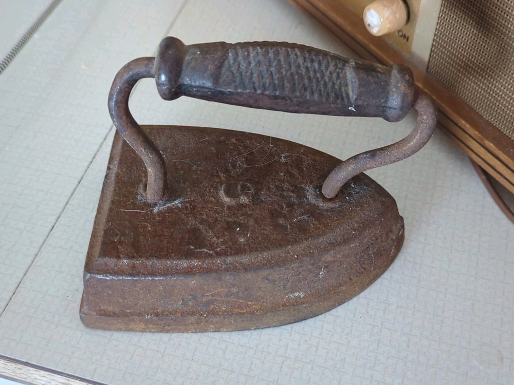 Vintage #8 Antique Cast Sad Iron Solid Metal Handle Primitive Doorstop