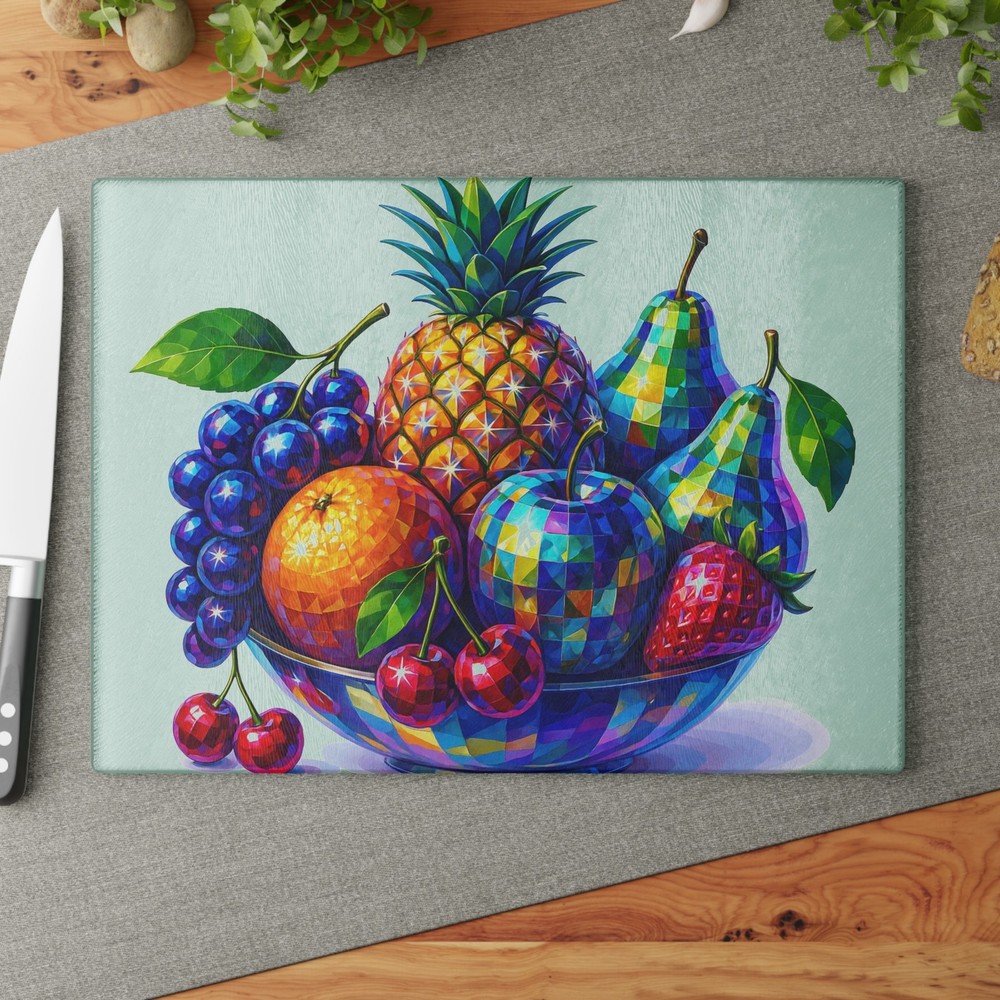 Vibrant Fruit-Print Glass Cutting Board - Disco Fruit Bowl Kitchen Decor