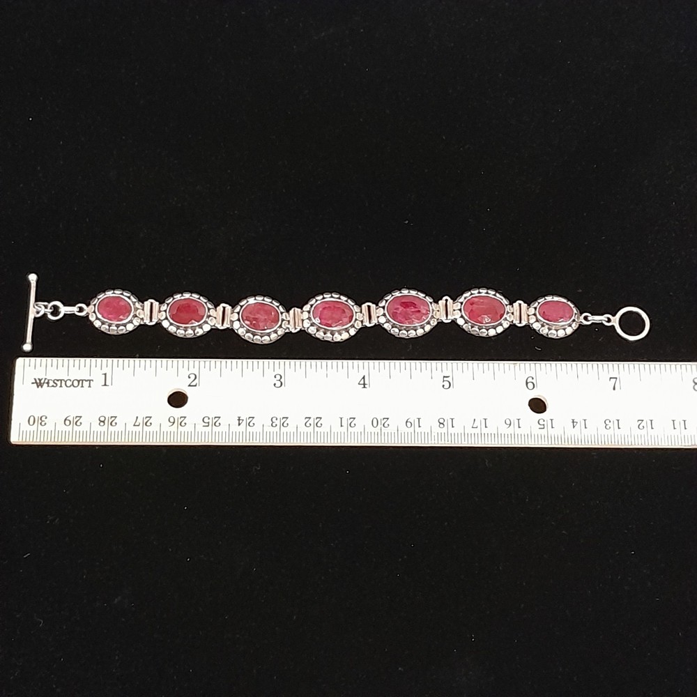 925 Sterling Silver Red Ruby Oval Faceted Panel Link Bracelet Toggle