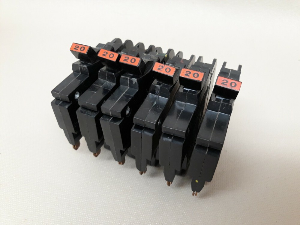 6 - 20 Amp Federal Pacific 1 Pole 1/2" Thin Type NC Breakers - Continuity Tested