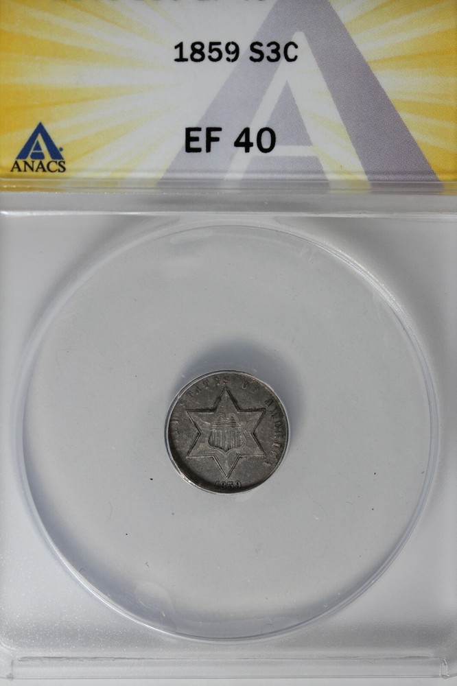 1859 .03 ANACS  EF 40  STAR AND SHIELD three cent (3c), Trime