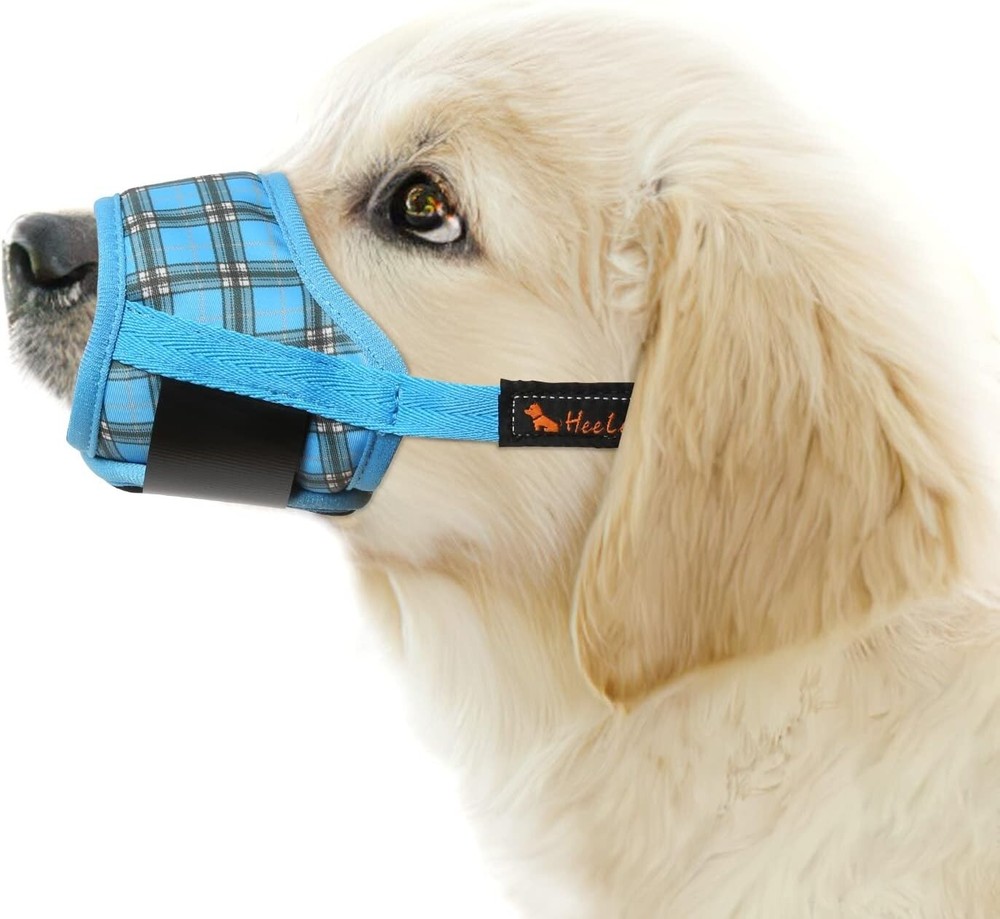 Comfortable Soft Nylon Dog Muzzle with Drinking Capability - Large P-Blue Plaid