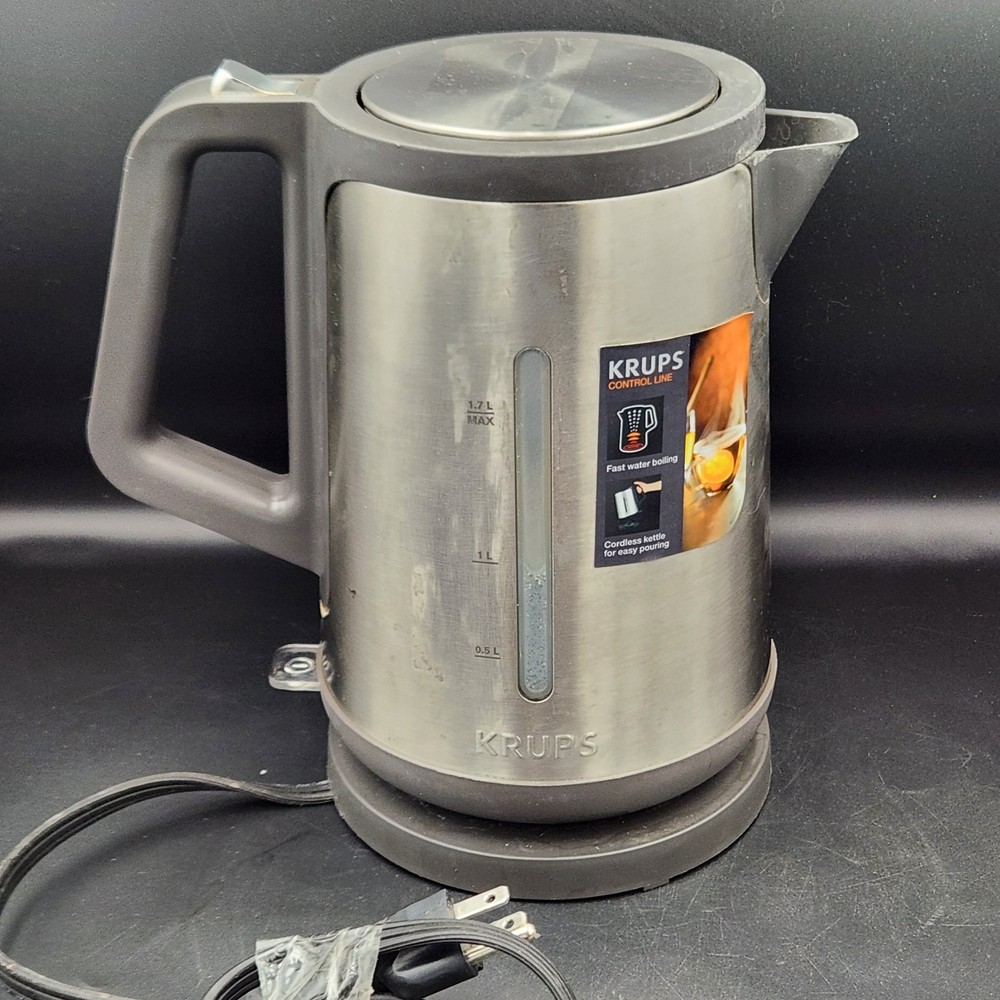 Krups Electric Kettle BW442D Stainless Steel w/ Base & Cord Works Needs Cleaning