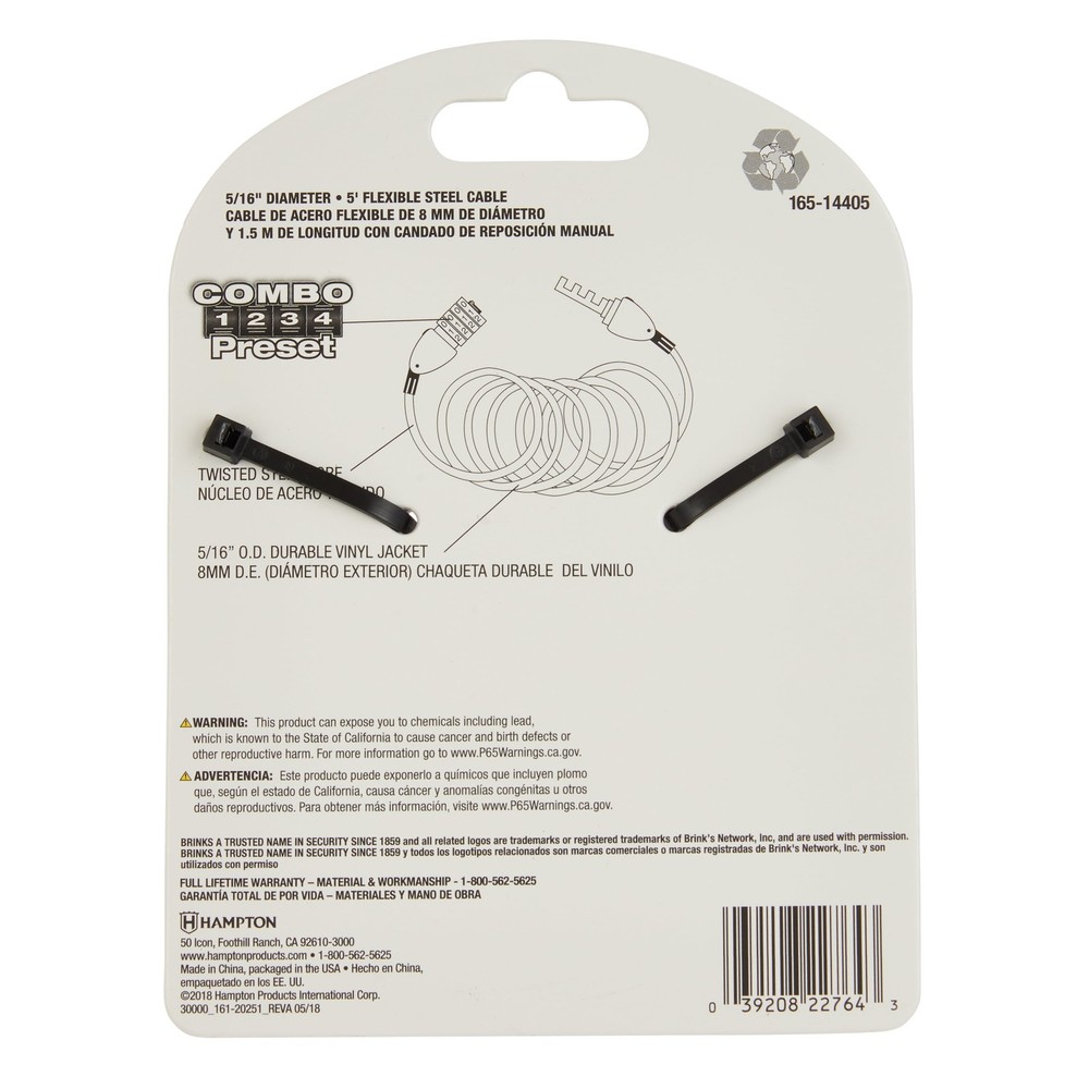 Covered 5/16 x 5 feet Flexible Steel Combination Cable Lock