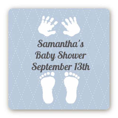 Pitter Patter Blue Square Personalized Baby Shower Stickers