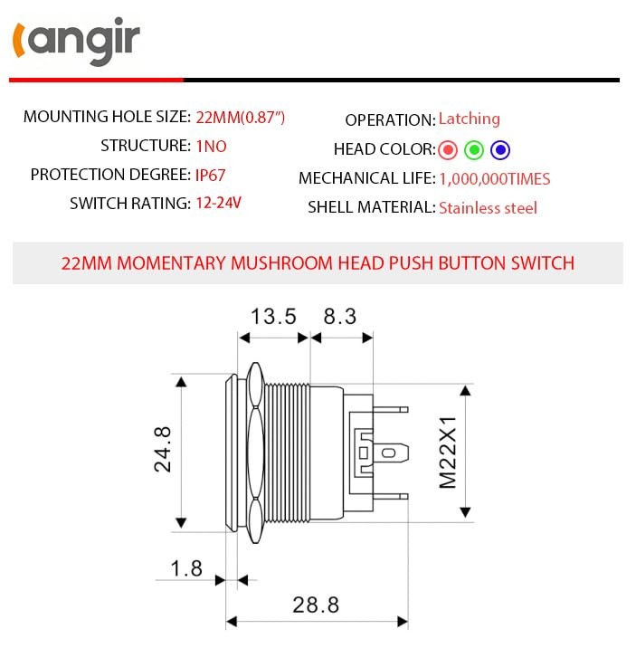 15Amp Push Button Switch，(0.866") 12V-24V Latching Push Button 22mm green