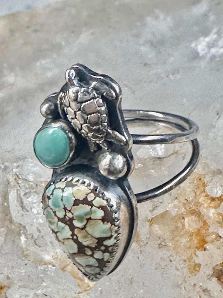Honu Turtle ring spiderweb turquoise size 7 sterling silver women