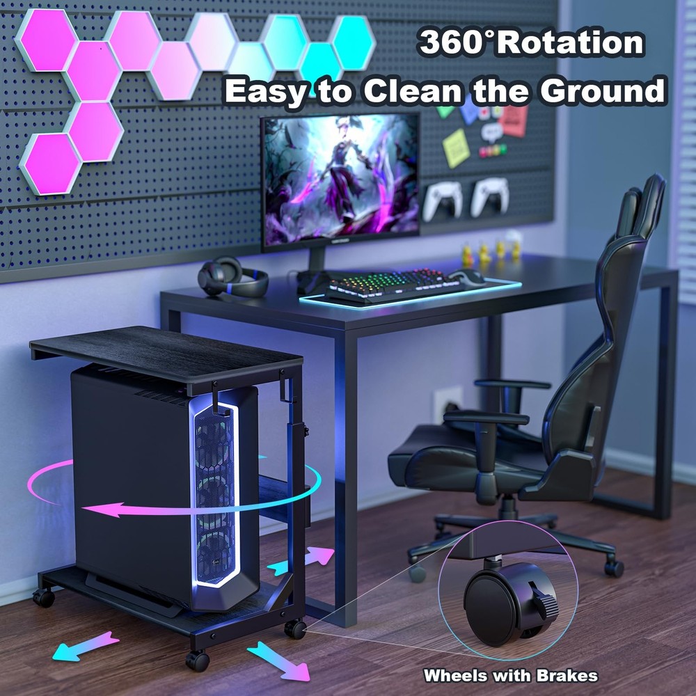 Height Adjustable Computer Tower Stand with Charge Station and 25.2", Black